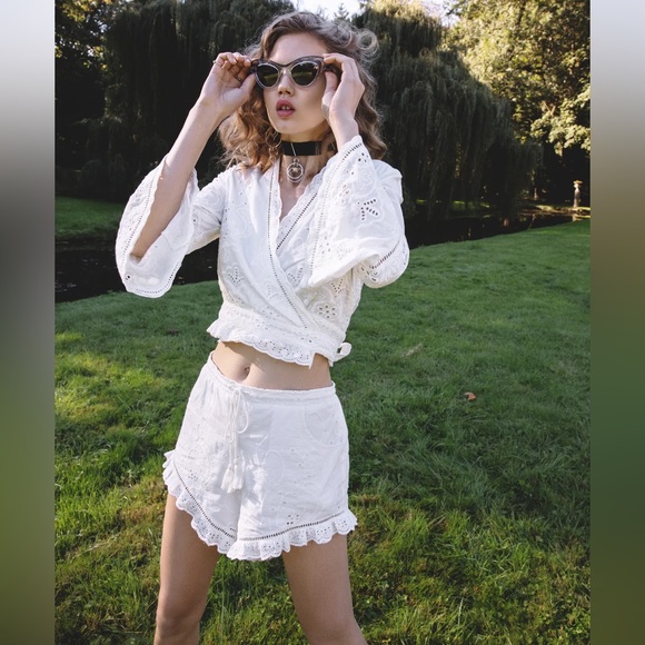 SPELL & THE GYPSY Damsel White Broderie Anglaise Long Sleeve Crop Wrap Top - Picture 9 of 16